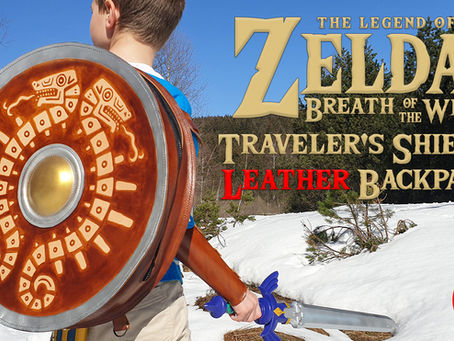 Sac à dos bouclier du voyageur en cuir, inspiré de Zelda Breath of the Wild, porté dans la neige - Redsmith Leatherwork