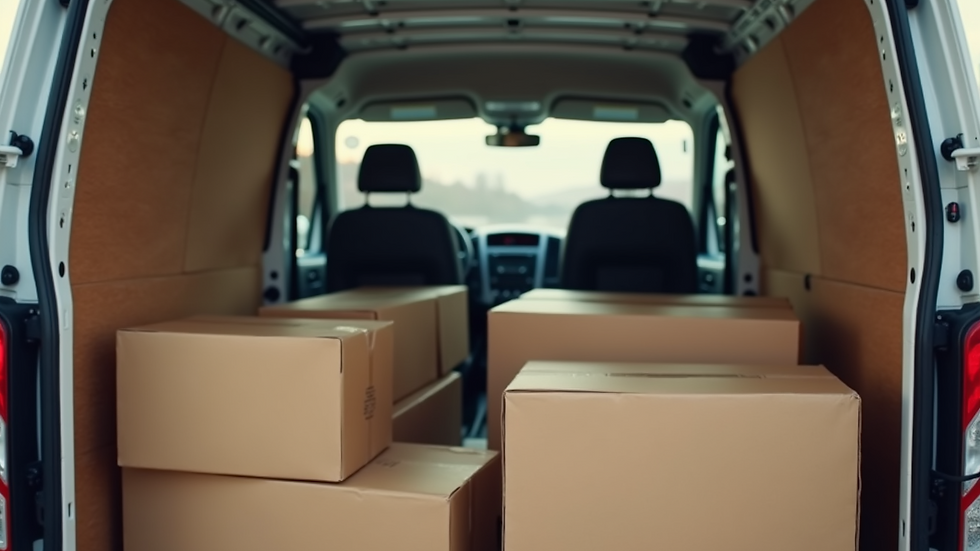 High angle view of van interior with moving boxes
