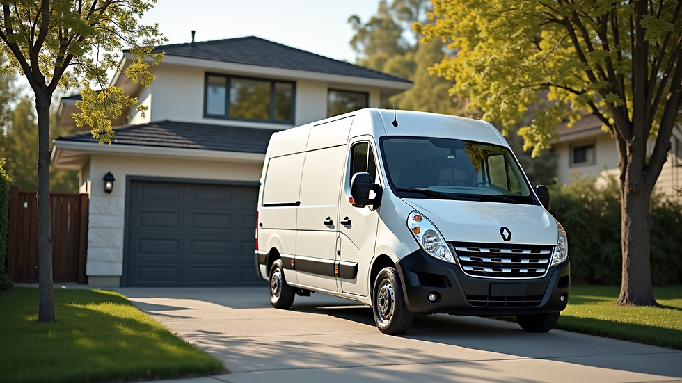 Close-up view of a white van parked outside a residential house