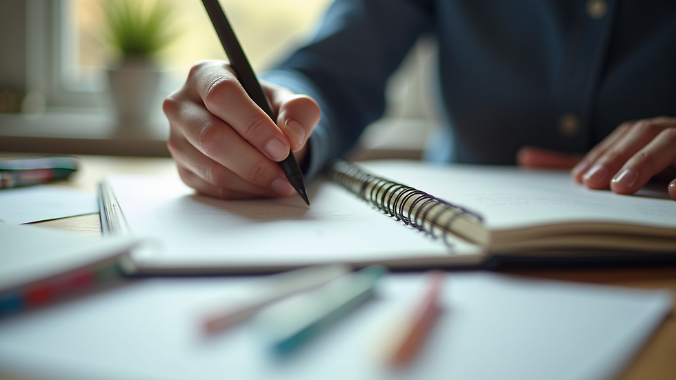 Close-up view of a person writing in a planner with colorful pens and notes