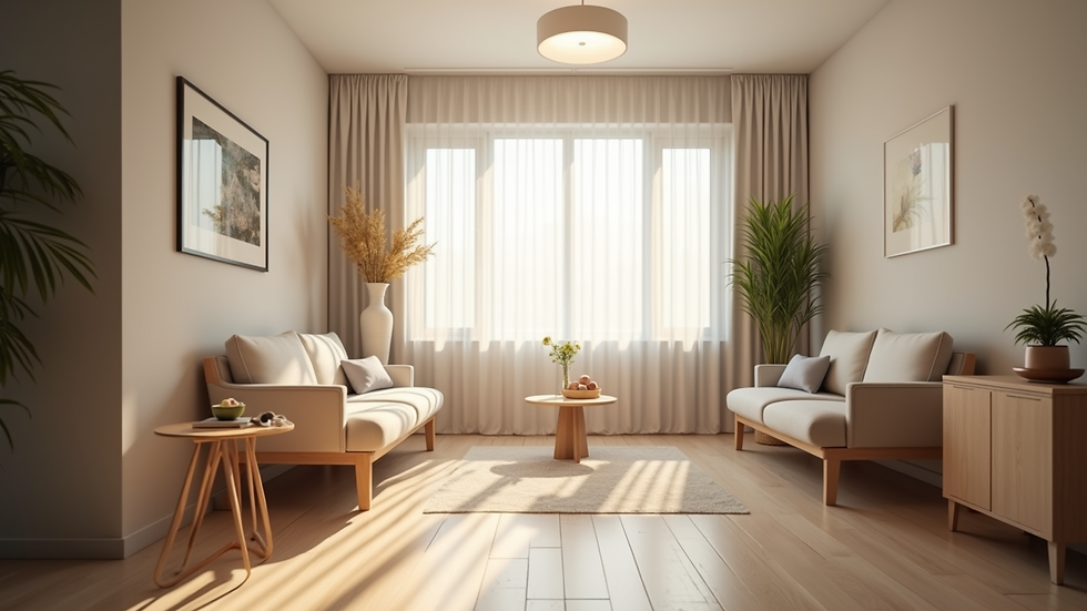 Eye-level view of a calm therapy room with soft lighting and comfortable seating