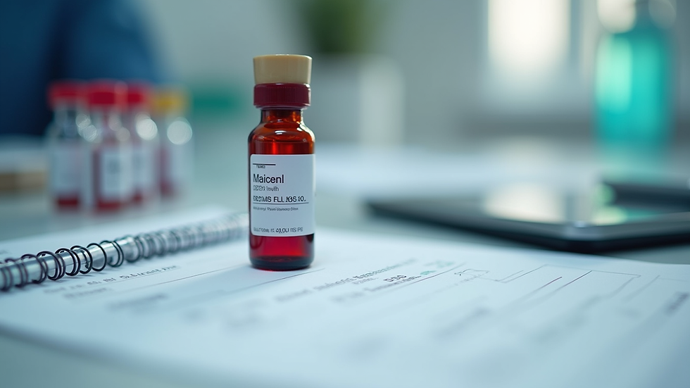 Close-up view of a blood test vial and medical paperwork on a table