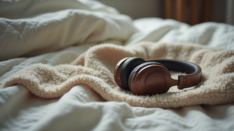 Close-up view of sensory-friendly tools including a weighted blanket and noise-canceling headphones