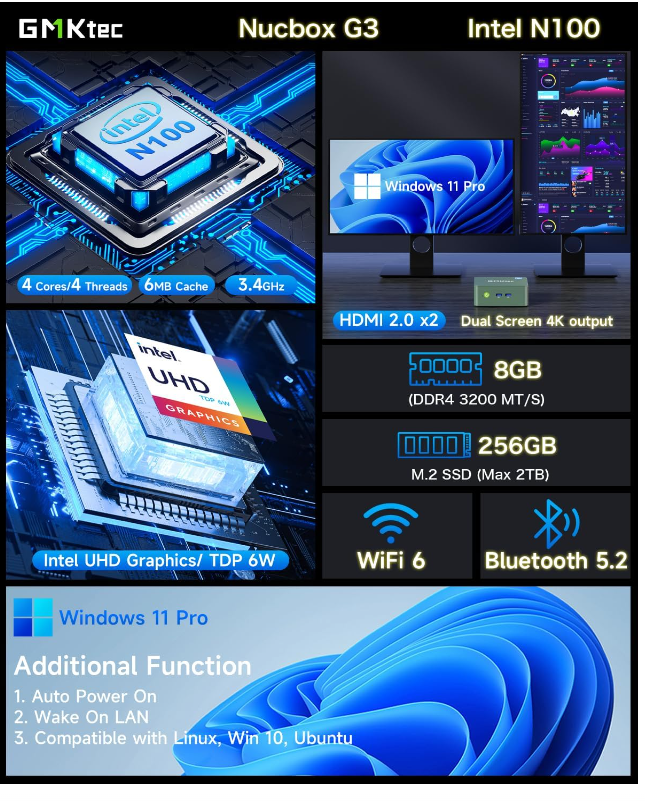 Thumbnail: GMKtec Mini PC N100, Preinstalled Windows 11 Pro, G3 Intel Alder Lake N100