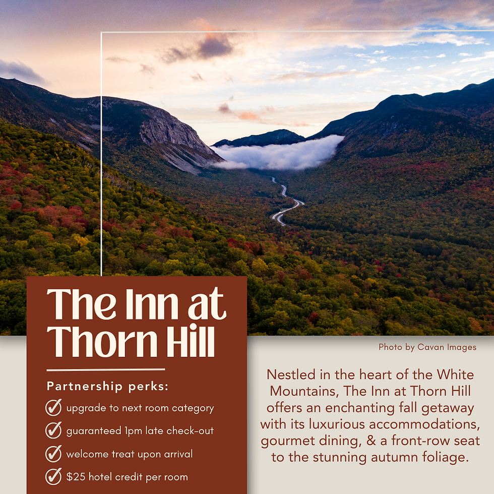 details for the Inn at Thorn Hill will a photo of the White Mountains, New Hampshire in the fall in the background