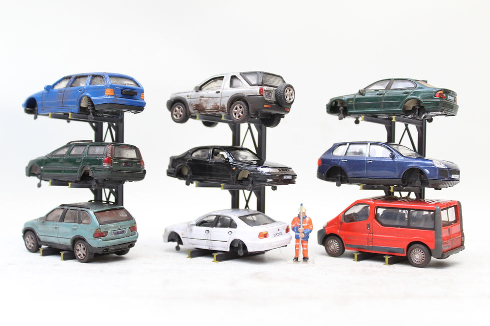 Thumbnail: Scrap Cars on Racks - 3 Racks (9 cars) - Version 1 - 1:76 OO Gauge Model Railway