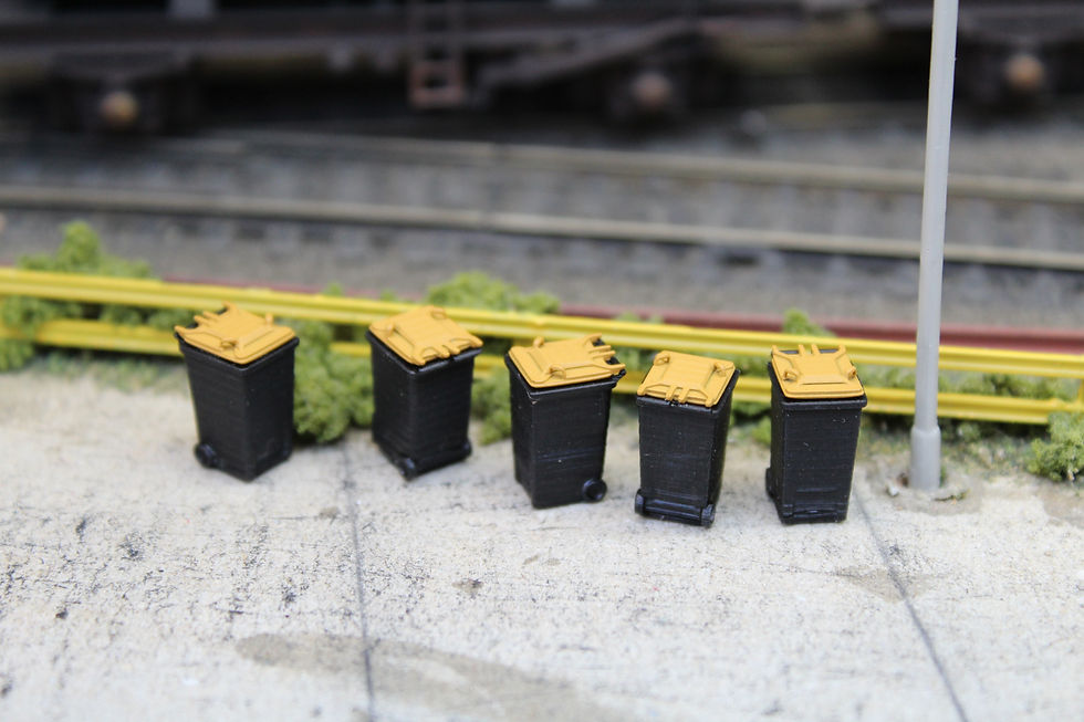 Thumbnail: Modern Wheelie Bins - Pack of 5 - YELLOW LIDS - 1:76 OO Gauge Model Railway