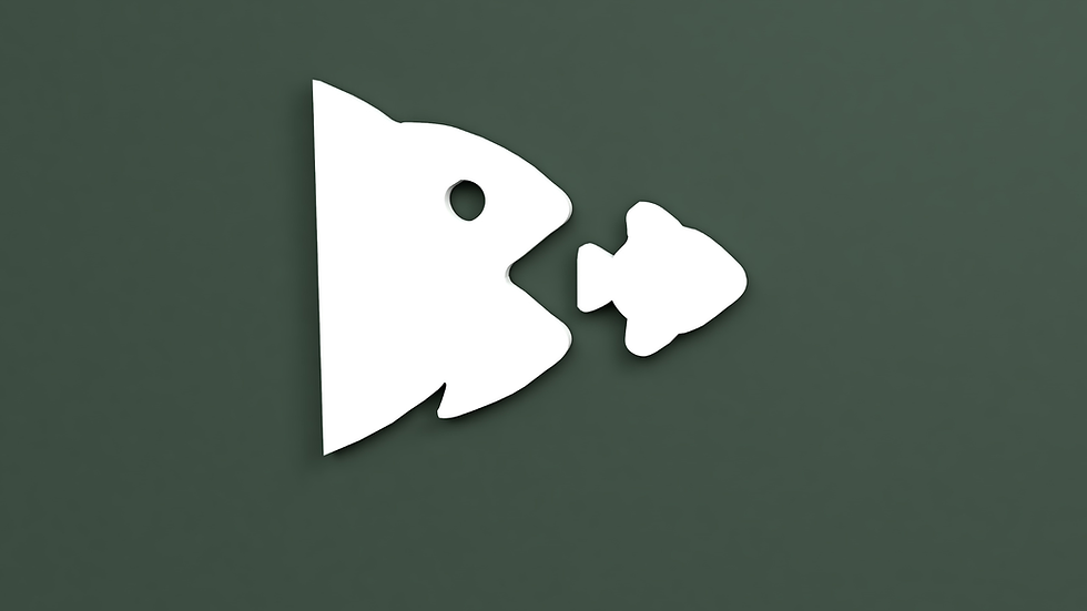 Large white fish icon chasing a smaller fish on a dark green background, representing a dominant competitor overshadowing a smaller company