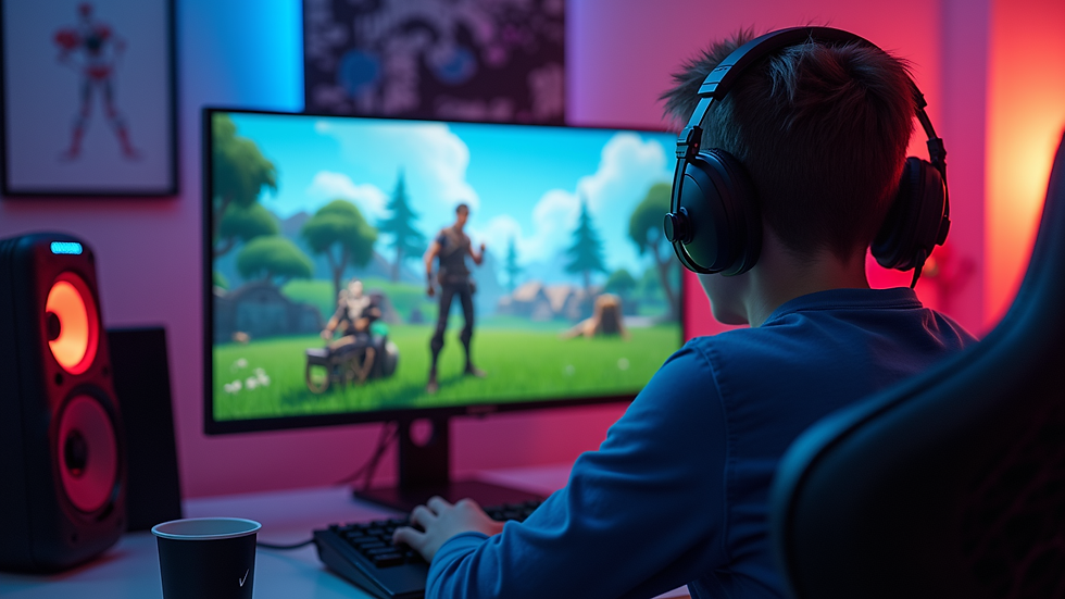 Eye-level view of a gaming setup with a single player focused on a Fortnite match