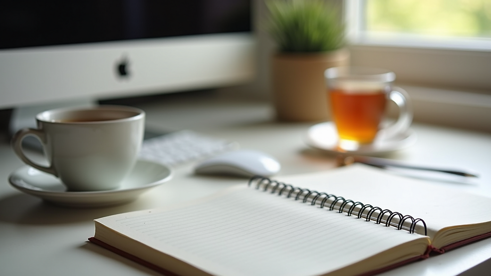 Eye-level view of a calm workspace with a notebook and a cup of tea