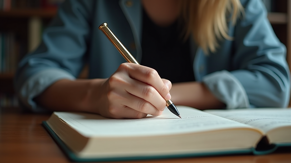 Eye-level view of a person writing in a journal