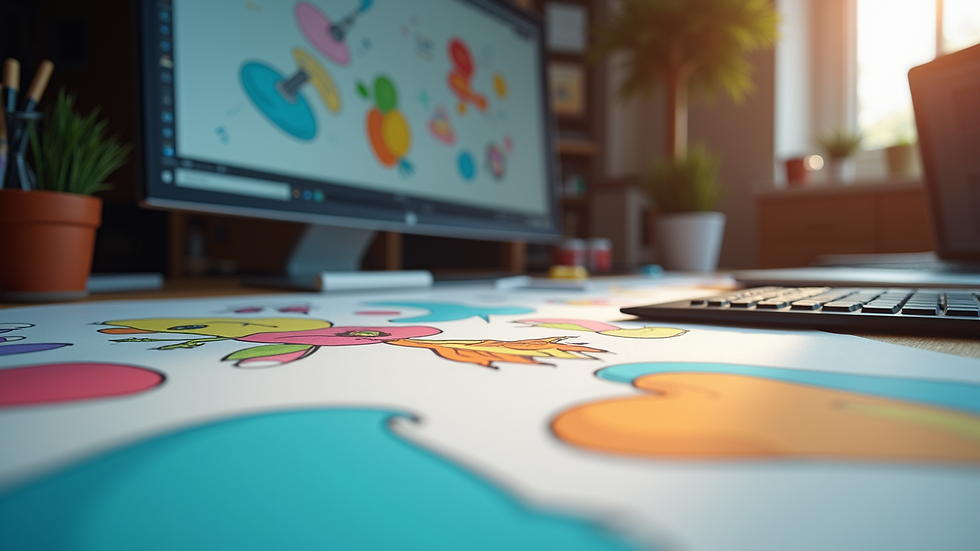 Close-up view of a digital animation workspace with colorful character designs