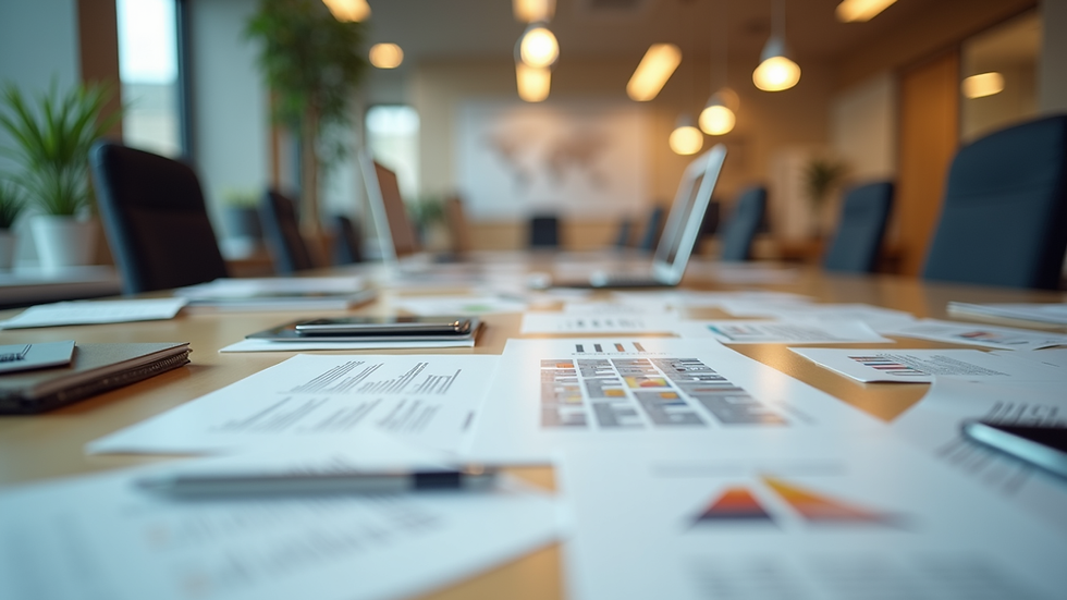 Eye-level view of a modern office workspace with branding materials spread out