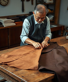 An editorial style photo of an old, Asian gentleman tailor crafting a beautiful cashmere w