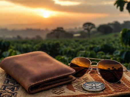 Leather wallet, aviator sunglasses, and eagle coin at sunrise representing a DD214 apostille for veterans abroad