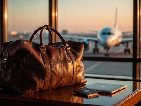Leather travel bag, passport, and laptop at an airport window representing passport and driver's license copies for apostille