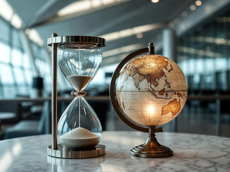 Hourglass and antique globe at an airport lounge representing apostille document age limits