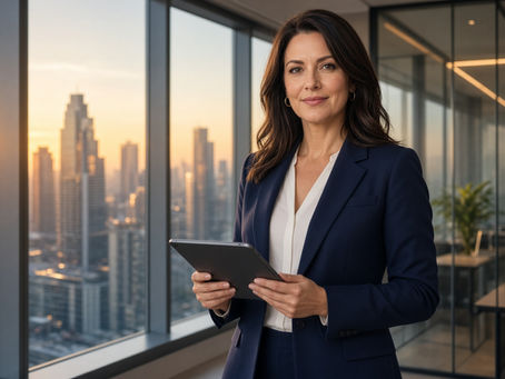 Professional woman holding a tablet in a city office, representing notary requirements before an apostille