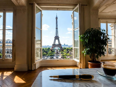 Paris apartment window with a fountain pen and coffee, representing estate documents for property abroad