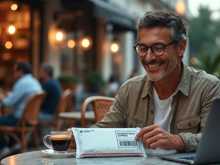 American expat smiling at an international express envelope at a cafe, representing apostille from overseas