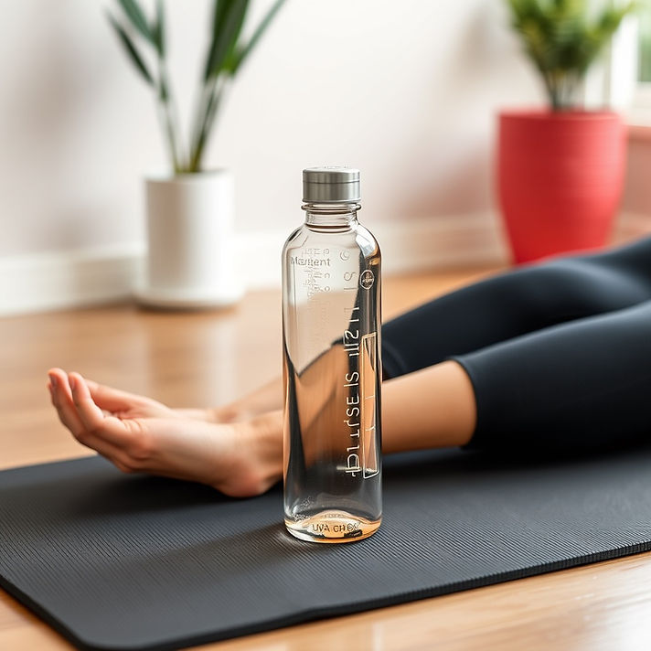 pilates mat watr bottle on mat with fitness band.jpg