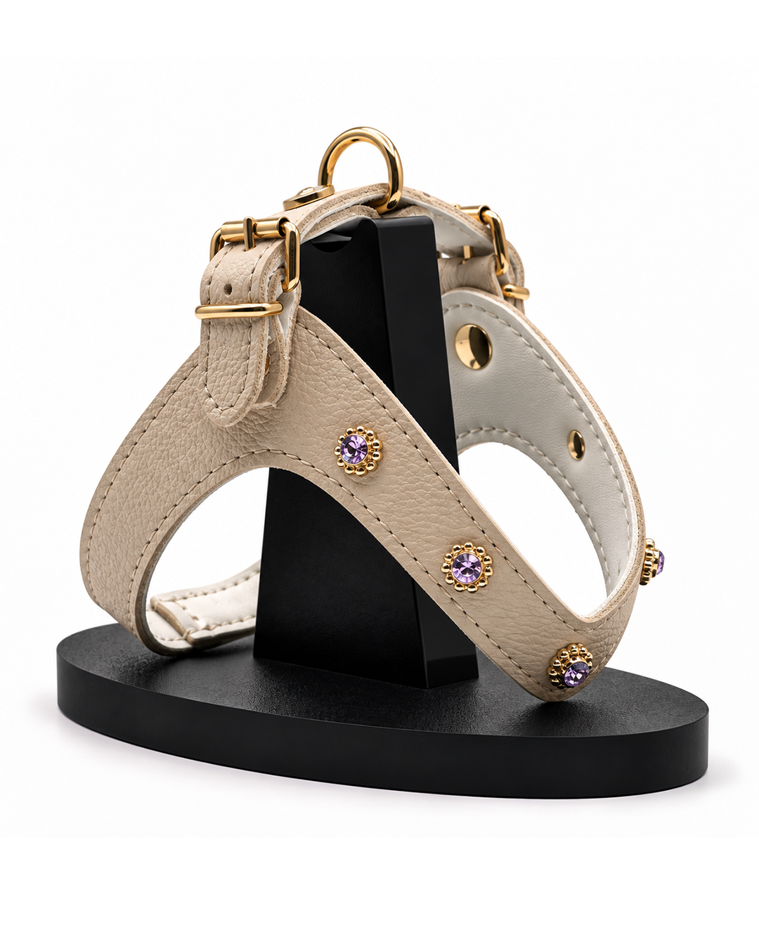 Pettorina KITE® oro con fiori strass viola in vera pelle