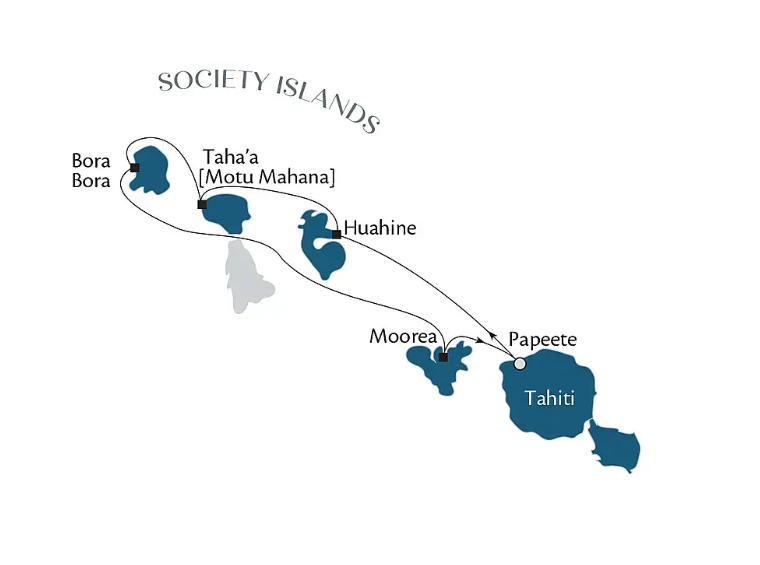 m/s Paul Gauguin cruise map sailing 7-Nights 8 Days from Papeete to Huahine to Taha'a to Bora Bora to Moorea and back to Tahiti Papeete