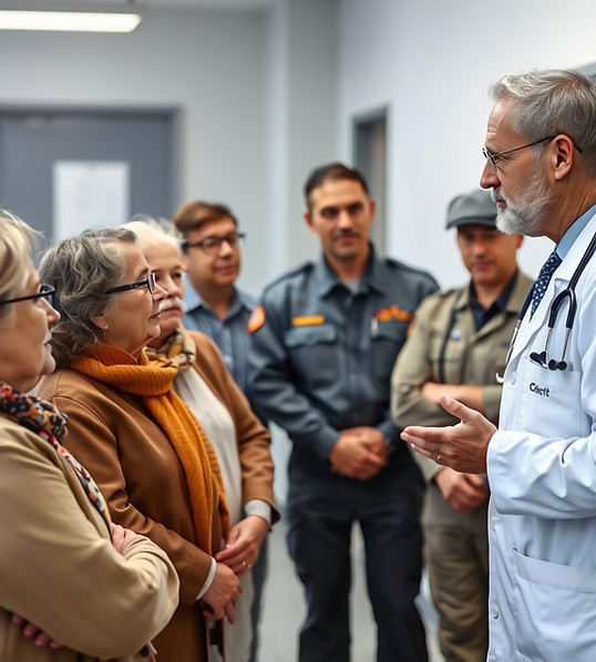 image of a medical doctor talking to a group of people including, young, meddle age, old p