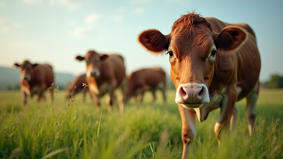 Eye-level view of beef cattle grazing on green pasture