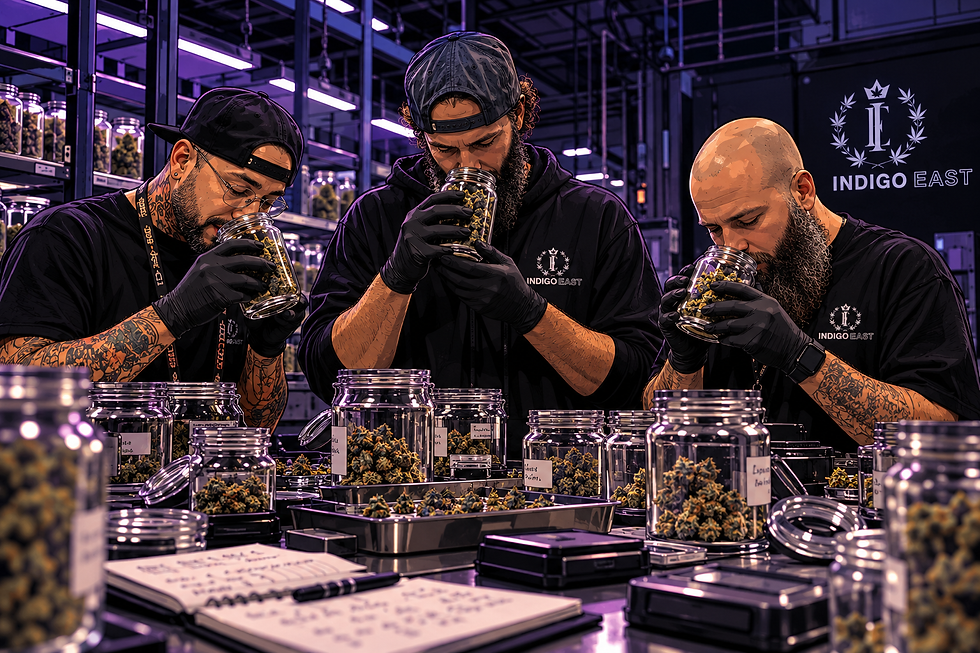 Three men in black inspect cannabis jars in a purple-lit lab; Indigo East sign glows in the background.