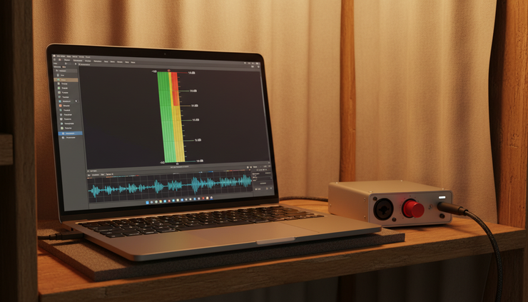 Eye-level view of an audio meter showing voice levels during a recording test.