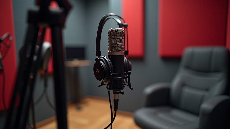Eye-level view of a soundproof recording booth with a microphone and headphones