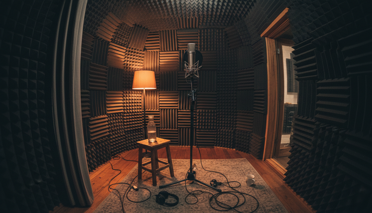 Wide-angle view of a cozy home recording booth with a microphone ready for a voice session.