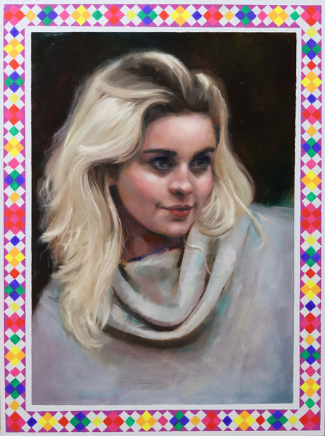 Painting of a girl in warm top , blonde flowing hair and quiet smile. Nordic, folk style patchwork border