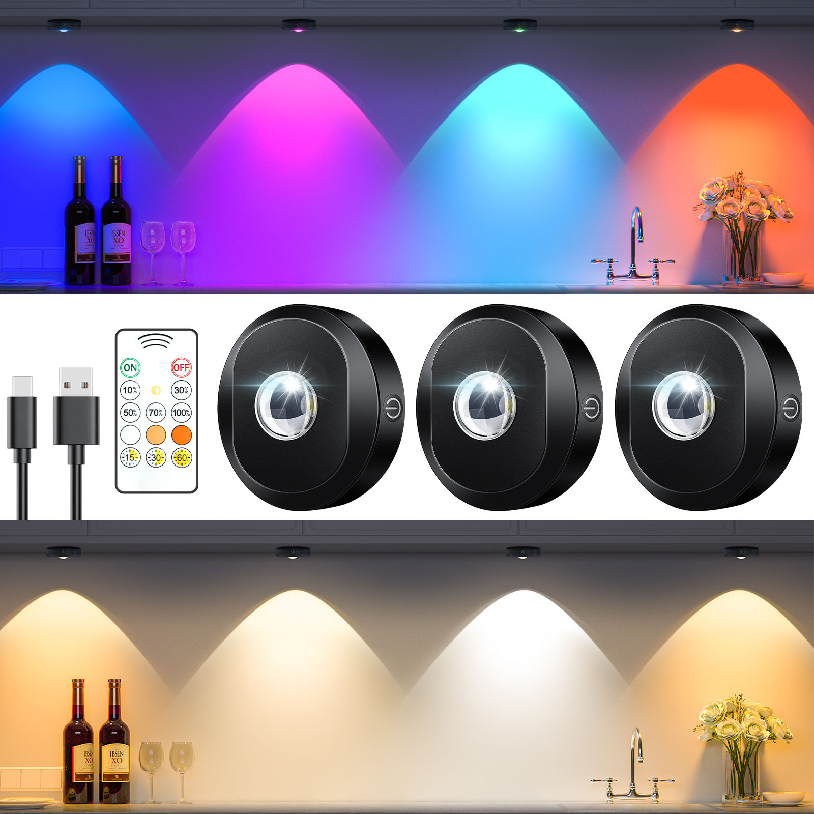 WILLED Night Light 3pcs with Remote 1200mAh Rechargeable Puck light with Timer S