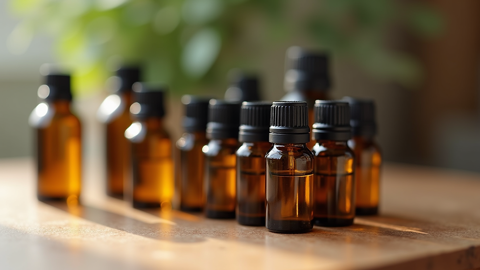 Close-up view of a variety of essential oil bottles on a wooden surface