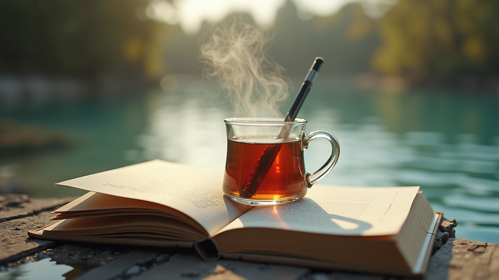 Vue en plongée d’un carnet ouvert avec un stylo et une tasse de thé