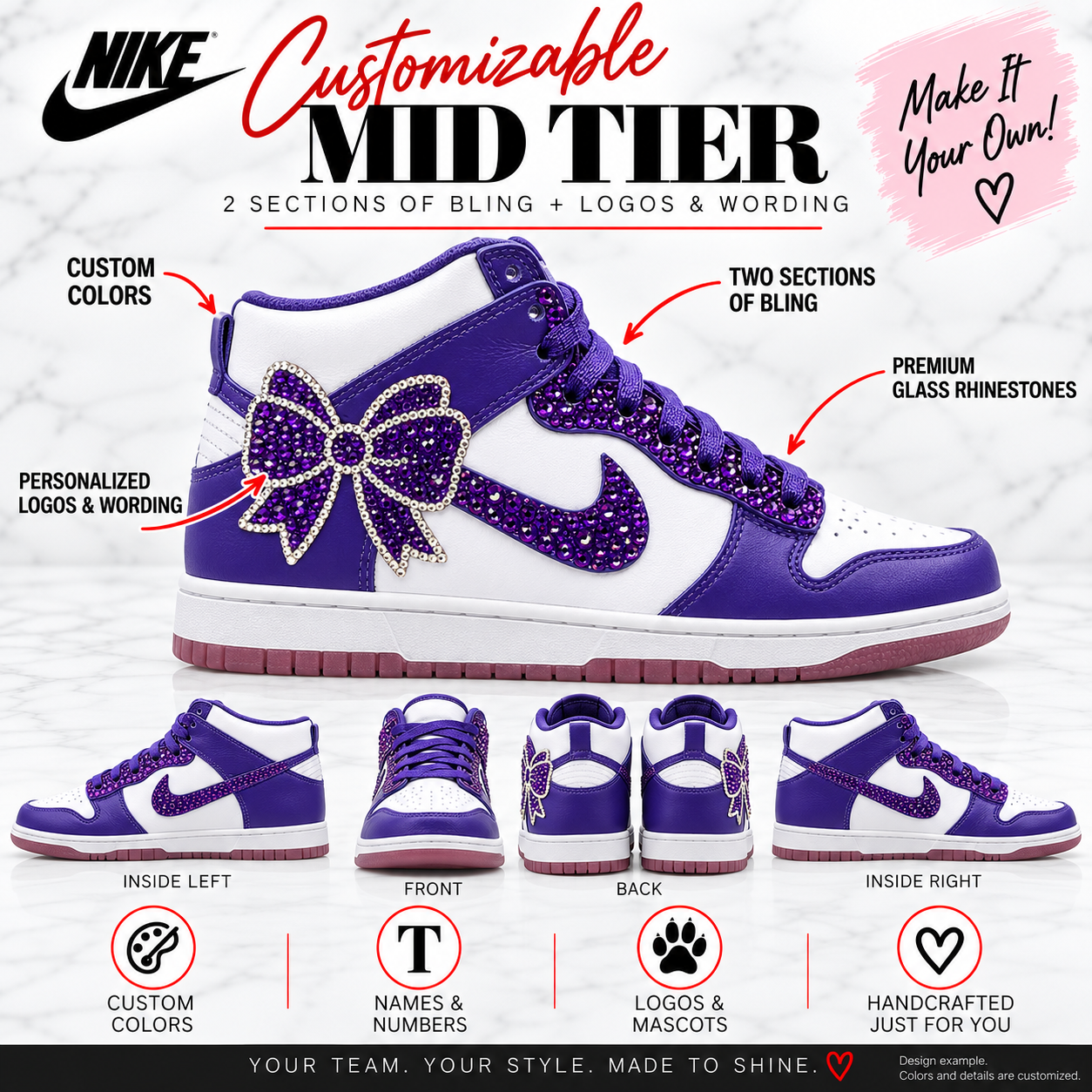 Customizable Mid Tier Nike sneakers with two sections of purple rhinestone bling plus personalized logos and wording