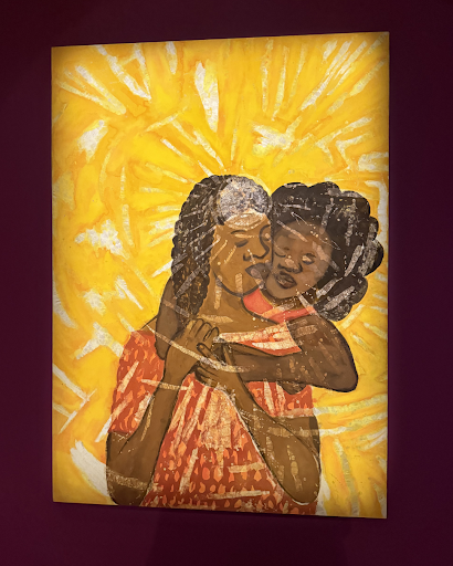 Eternal Light by Ṣọlá Olúlòde, painting of two figures embracing against a radiant yellow background, conveying intimacy, warmth, and joy