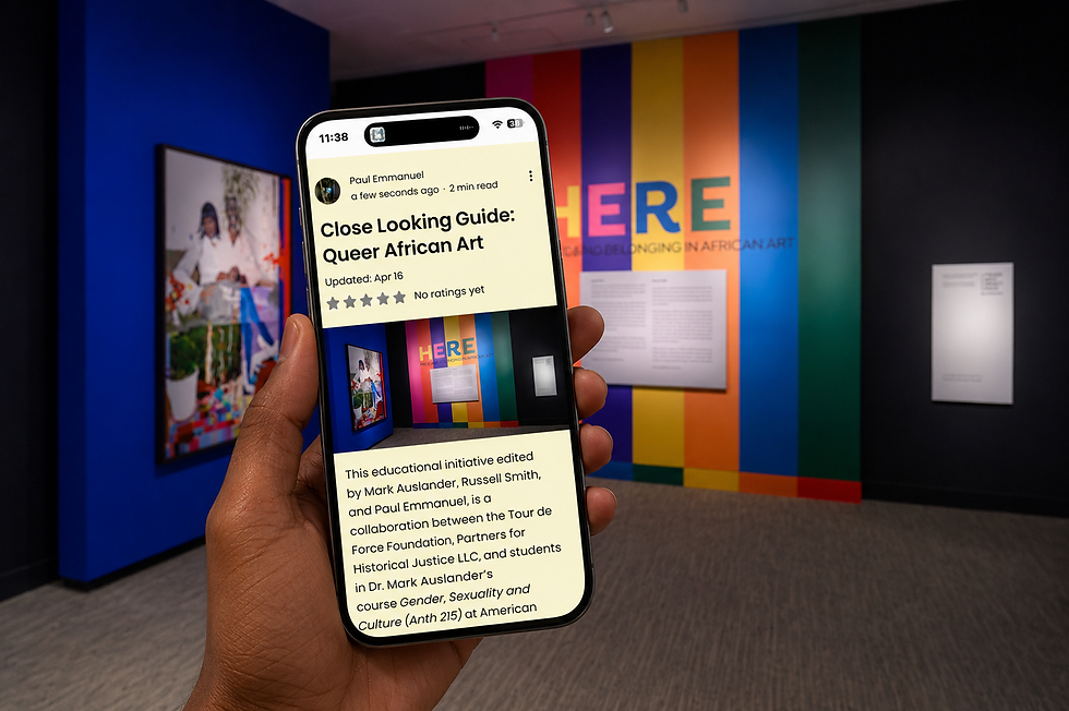 Mobile phone showing the TDF Close Looking Guide: Queer African Art inside the Here: Pride and Belonging in African Art exhibition gallery.