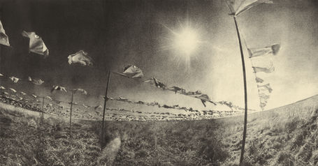 Parade of shadows, Paul Emmanuel, 2009. Manière noire stone lithograph, hand printed, hand coloured, signed, numbered and dated by the artist. Black lithographic ink and watercolour pigment on 285 gsm Fabriano Rosaspina Avorio paper, 81 x 158 cm (unframed). Edition 35