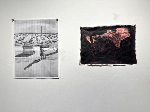 Exploratory sketches for 'Untethered'
(Left) Pen and ink on paper. 25 x 15 cm (10 x 6 inches)

(Right) Original drawing hand incised into boot polish on cotton. 20 x 15 cm (6 x 8 inches)