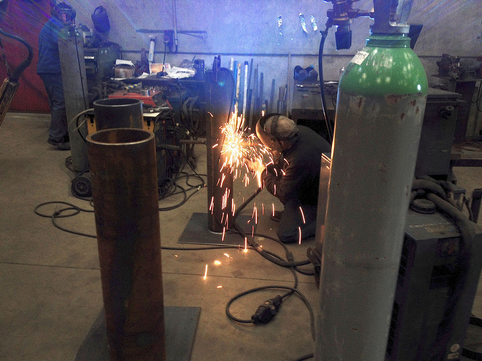 Workshop fabrication for Paul Emmanuel’s The Lost Men France, showing steel components being welded in 2014.