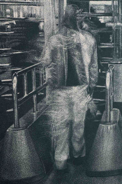 ‘Platform number 5’ (detail), 2011. Manière noire stone lithograph, hand printed, hand coloured, signed, numbered and dated by the artist. Black lithographic ink and watercolour pigment on 285 gsm Fabriano Rosaspina Avorio paper, 80 x 156 cm. Edition 35