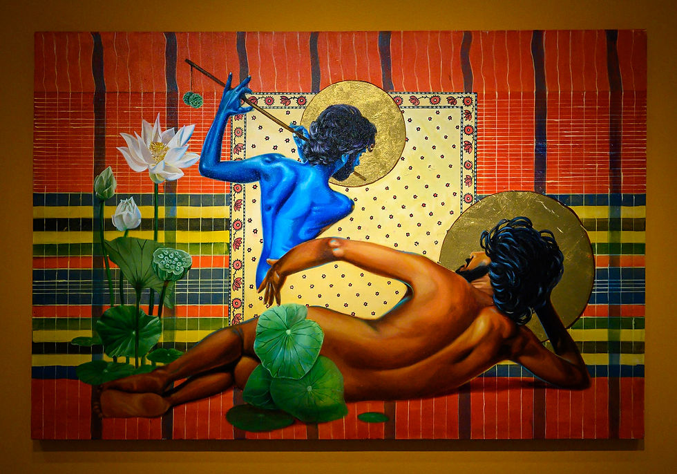 Painting by Arvin Ombika showing a reclining brown-skinned figure and a standing blue figure with overlapping gold halos against a striped textile-like background