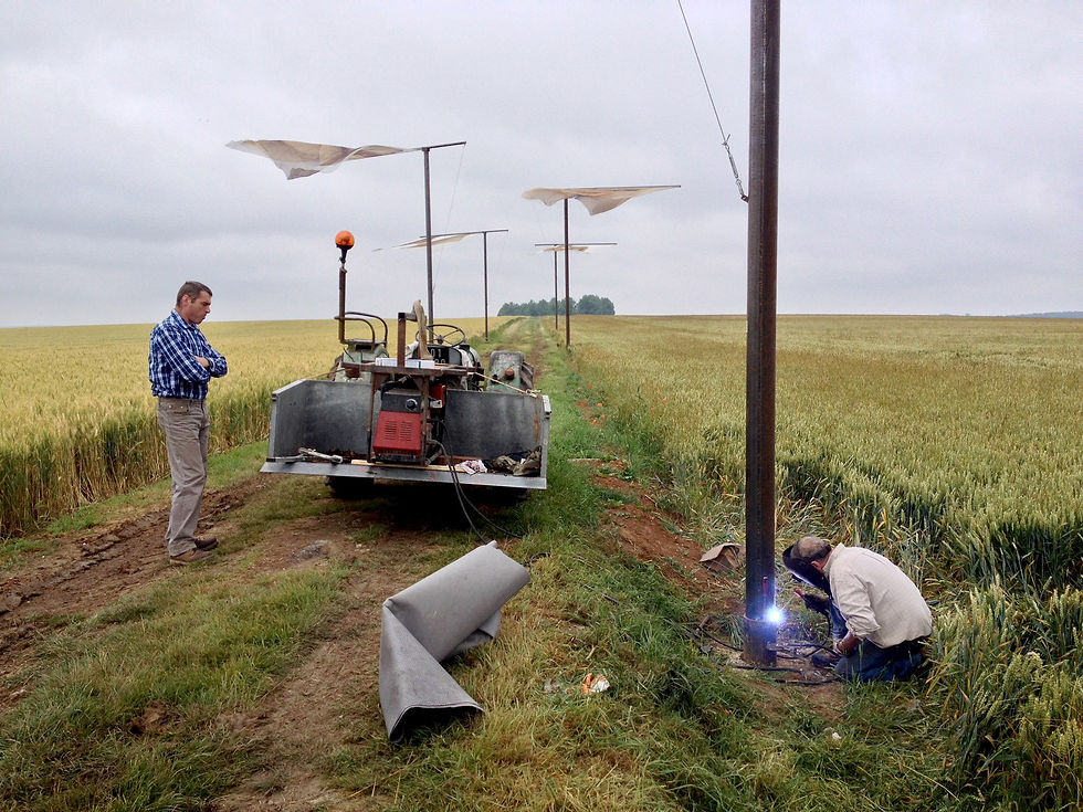 On-site welding during the installation of Paul Emmanuel’s The Lost Men France in a field near the Thiepval Memorial, France, 2014.