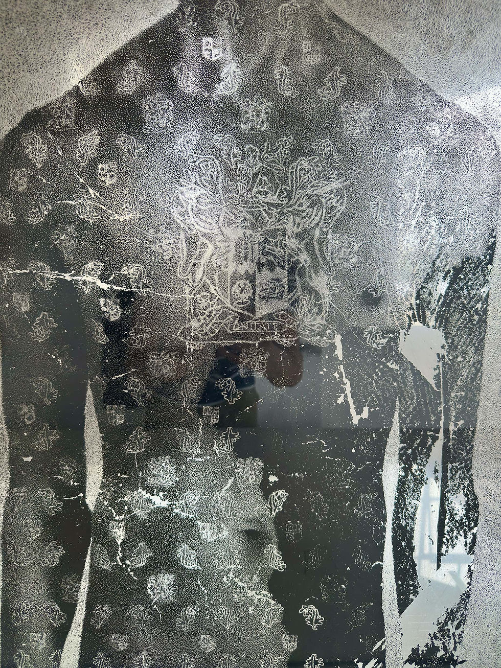 Surface detail of Paul Emmanuel’s Ex Unitate Vires showing the printed and marked image surface.