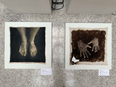 Left: ‘United States Paratrooper’, 2024. Original drawing, hand incised into black boot polish on cotton rag. 24 x 24 inches (61 x 61 cm) unframed
Right: ‘Lebanese Infantryman’, 2024. Original drawing, hand incised into gunpowder residue on cotton rag. 24 x 24 inches (61 x 61 cm) unframed