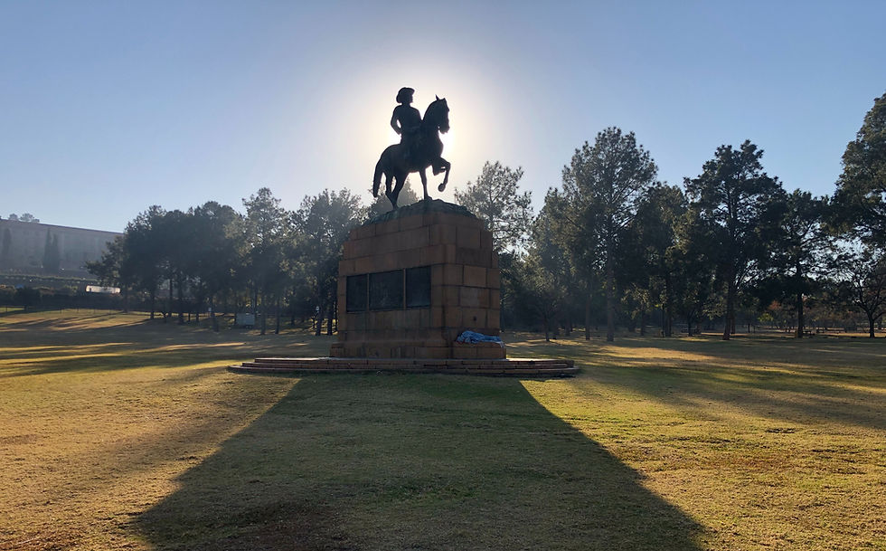 Equestrian monument in a public park in Johannesburg, photographed in low sunlight with a long shadow extending across the grass.