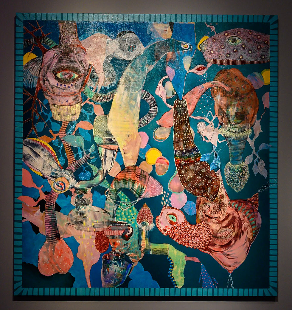 My Own Peculiar by Marc Standing, surreal painting of mask-like faces and organic forms with single eyes floating in a deep blue space